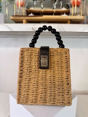 Woven Straw Bead-Handle Tote - Black & Natural Summer Bag